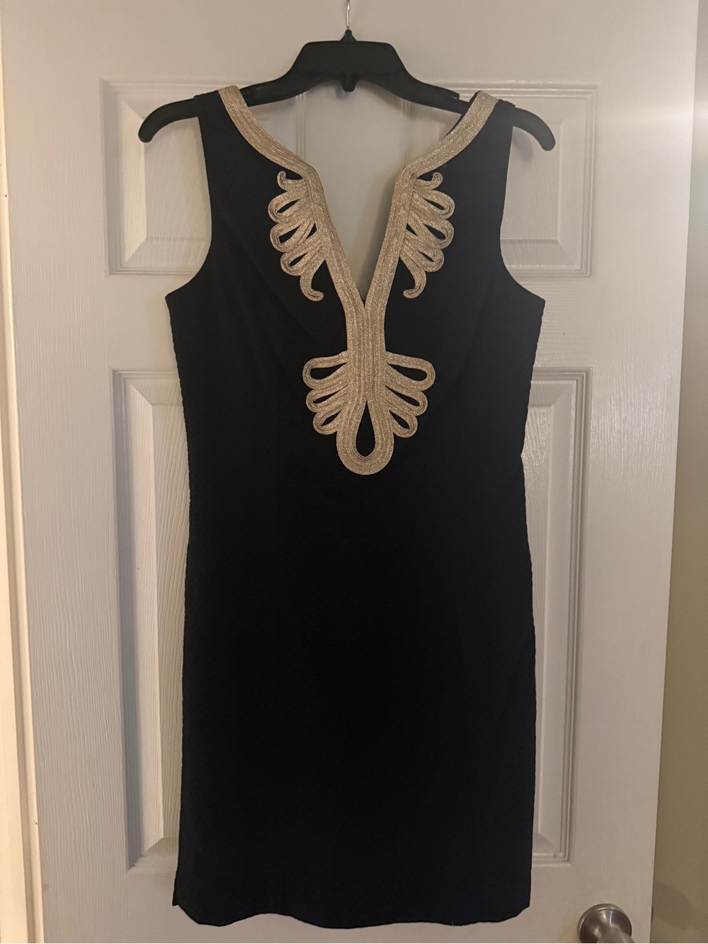 Lilly Pulitzer Black Dress with Gold Embroidered Neckline - Elegant Sheath